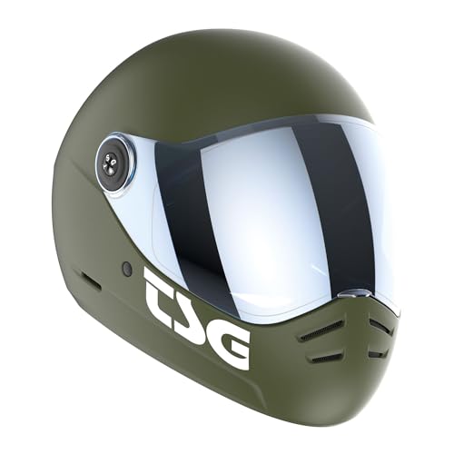 TSG - Pass 2.0 Full-face Premium Helmet w/Two Visors | Downhill Skateboarding, E-Skating, E-Onewheeling, Longboarding | Nose Ports, Air Flow Channels, Ear Slots, Adjustable Pads, Satin Olive, Small