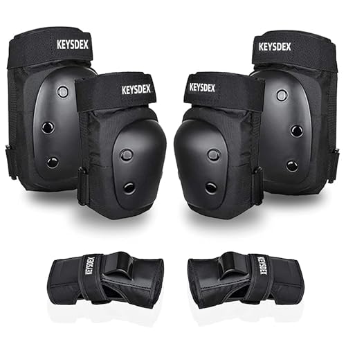 KEYSDEX Adult 6 in 1 Protective Gear Set, Knee Elbow Wrist Pads with Polypropylene Shell & EVA Padding for Skate&Skateboarding,Cycling,Roller Skating,Snowboarding,Scooter,BMX Black Large (134-190 LBS)