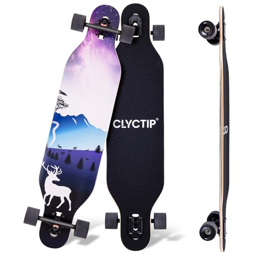 CLYCTIP 41 Inch Longboard Skateboard,9-Ply Maple,ABEC-11 Bearings,Complete Skateboard for Cruising, Carving, Downhill and Free-Style (Purple-Deer)