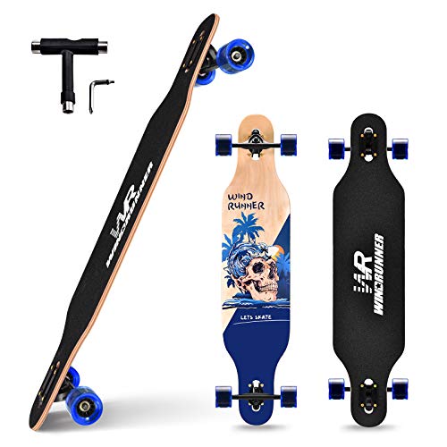 Windrunner 41 inch Freeride Longboard Skateboard,8-Ply Natural Maple Drop Through Freestyle Complete Skateboard Cruiser Pintail for Cruising,Carving,Free-Style and Downhill with T-Tool,Skull