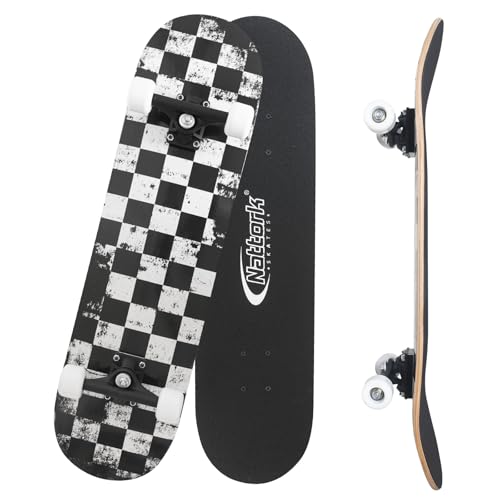 Nattork 31-Inch Complete Skateboard – 9-Ply Canadian Maple Deck with Checkerboard Design, Ideal for Beginners and Teens of All Ages