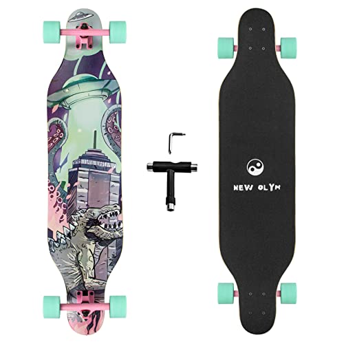 New Olym 41'' Longboard Skateboard 8 Layer Canadian Maple Drop Through Longboards for Youths Beginners, Dinosaur