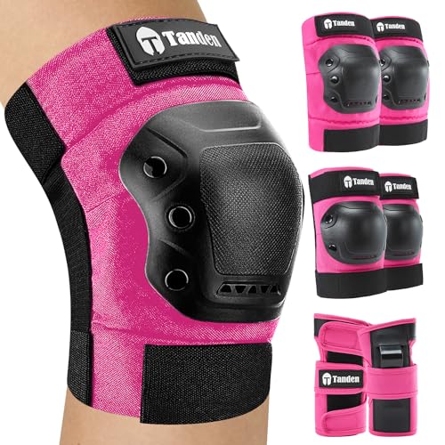 Tanden Skateboard Protective Gear Youth Knee and Elbow Pads Set, Wrist Guards for Roller Skating and Skateboarding - Pink