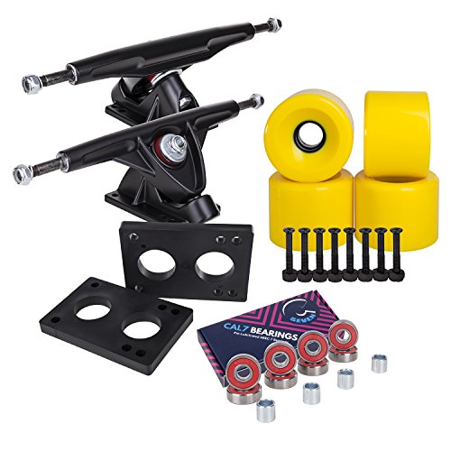 Cal 7 Longboard Skateboard Combo Package with 70mm Wheels & 180mm Lightweight Aluminum Trucks, Bearings Complete Set & Steel Hardware (Black Truck + Solid Yellow Wheels)